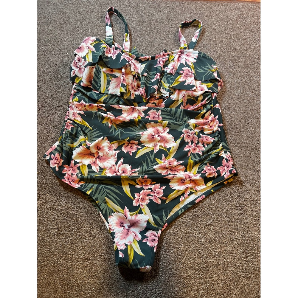 Kona Sol One Piece Swimsuit Womens 20W Floral Ruffle Tummy Control Plus Ecelleny
